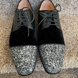 Piergitar Men's Black Oxford Leather Velvet Silver Glitter Toe Red Bottom Shoes